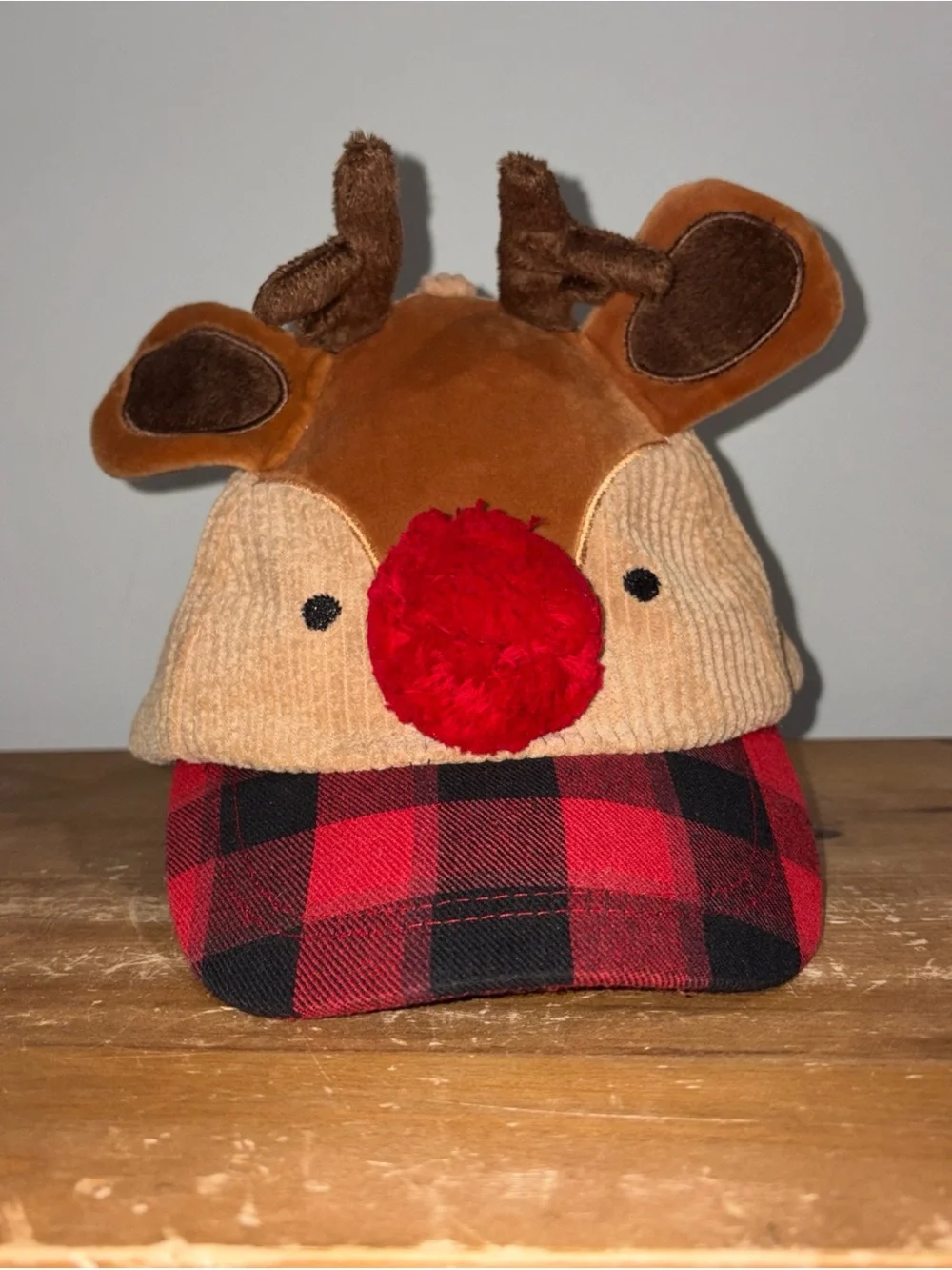 Mud Pie Reindeer Hat Toddler 2T-5T Corduroy Plaid Red Holiday Portrait